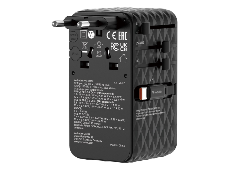 Verbatim Reiseadapter EU/UK/US GaN 1xUSB-C/1xUSB-A/2xUSB-C PD 70W
