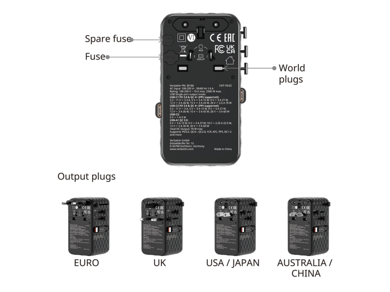 Verbatim Reiseadapter EU/UK/US GaN 1xUSB-C/1xUSB-A/2xUSB-C PD 70W