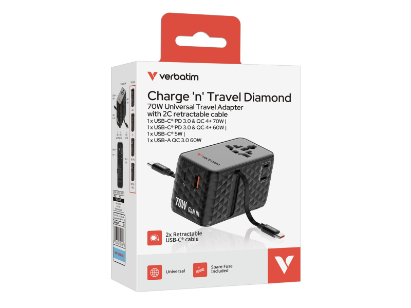 Verbatim Reiseadapter EU/UK/US GaN 1xUSB-C/1xUSB-A/2xUSB-C PD 70W