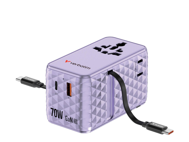 Verbatim Charge ’n Travel 70W 2C ausziehbarer Universaladapter lila