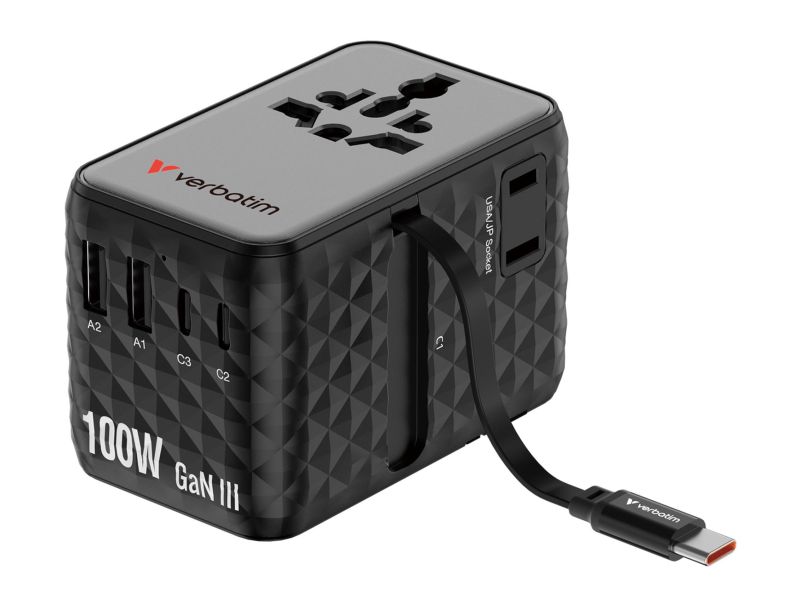 Verbatim Charge 'n' Travel 100W Adapter mit ausziehbarem Kabel schwarz