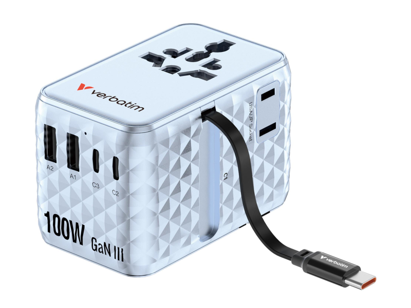 Verbatim Charge 'n' Travel 100W Adapter mit ausziehbarem Kabel, blau