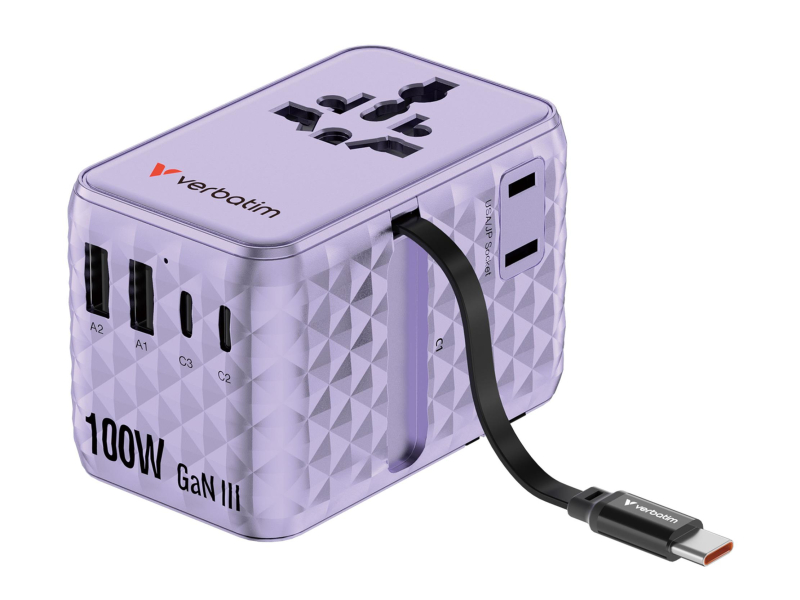 Verbatim Charge 'n' Travel 100W Adapter mit ausziehbarem Kabel lila